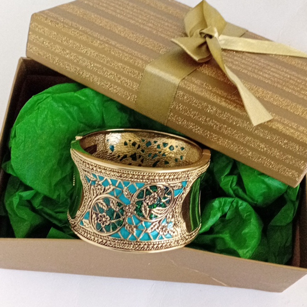 Gold and Turquoise Floral Cuff Bracelet